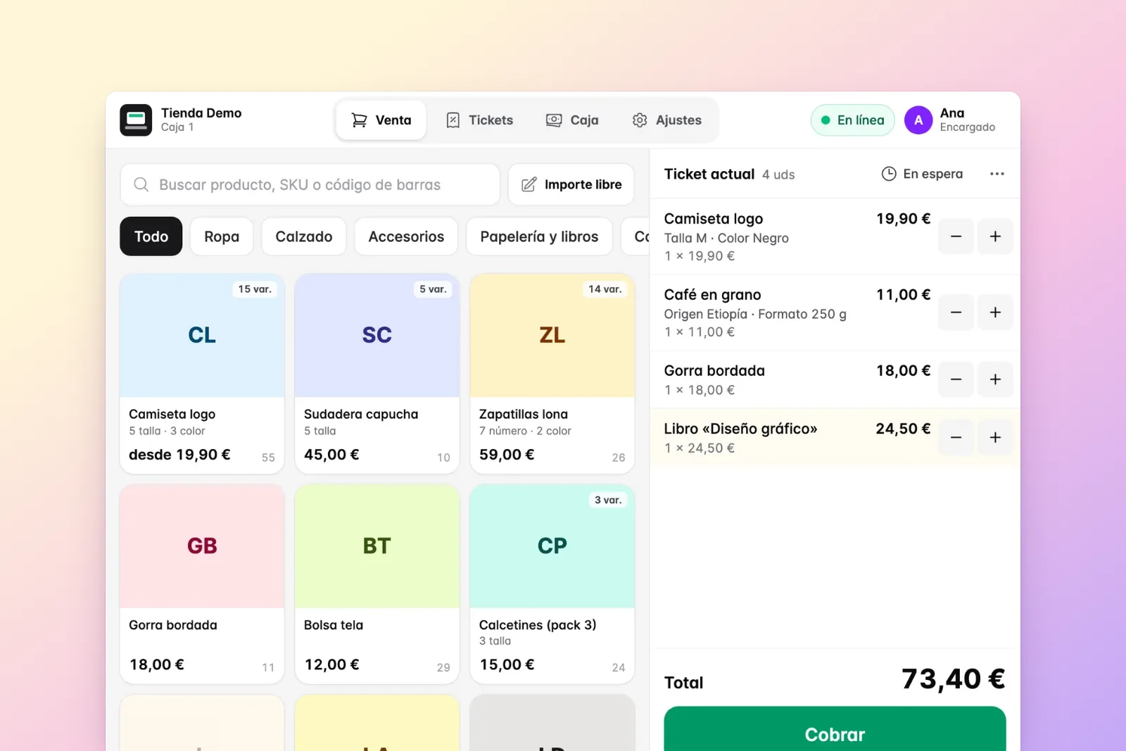 Pantalla de venta del Mostrador TPV de Factukit con el catálogo de WooCommerce y el ticket en curso