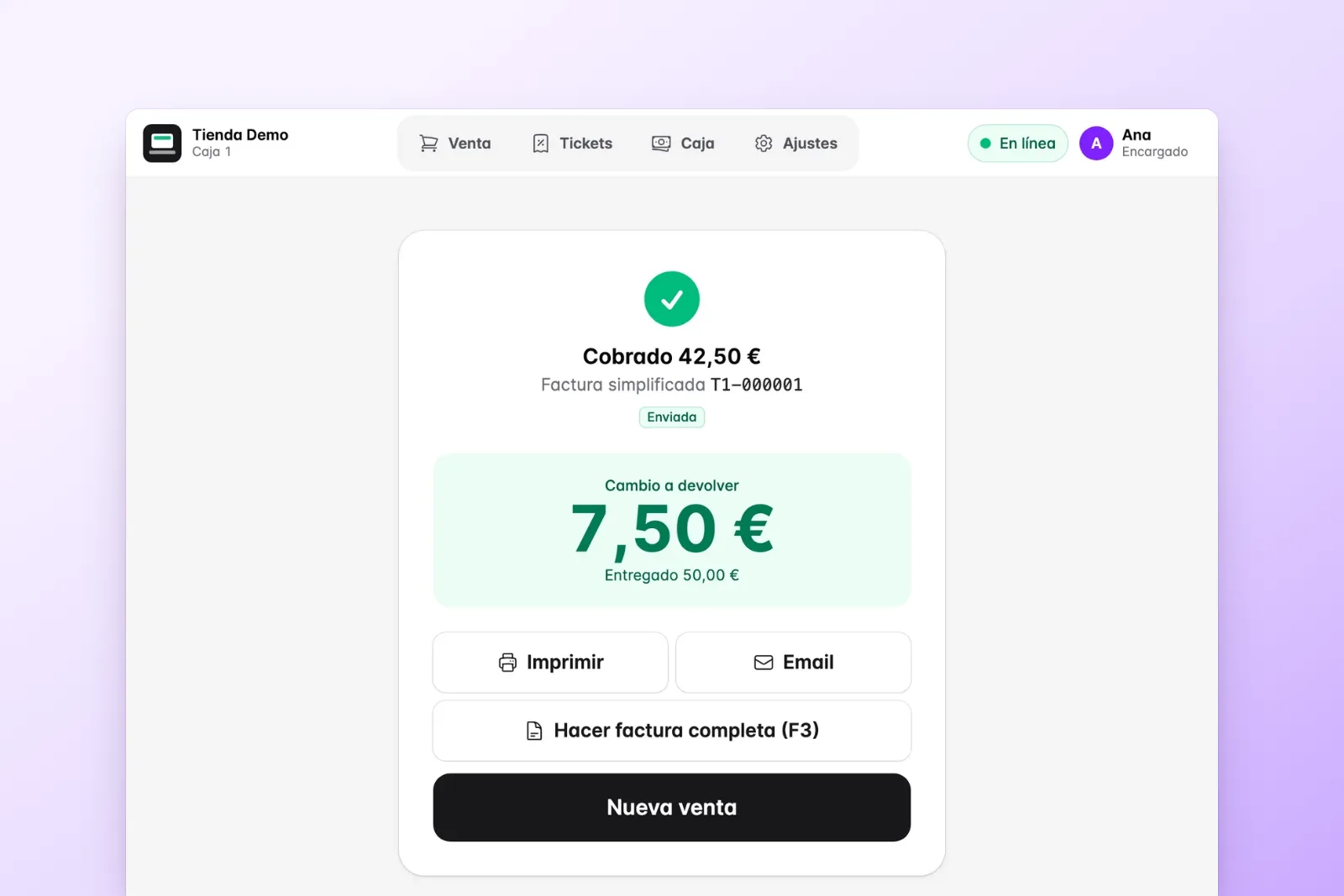 Ticket de Factukit cobrado y enviado a Verifactu, con el cambio a devolver