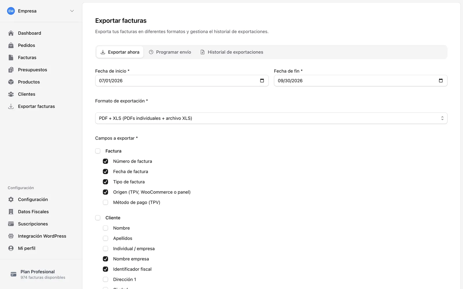 Exportación de facturas por fechas en PDF y Excel, eligiendo los campos.