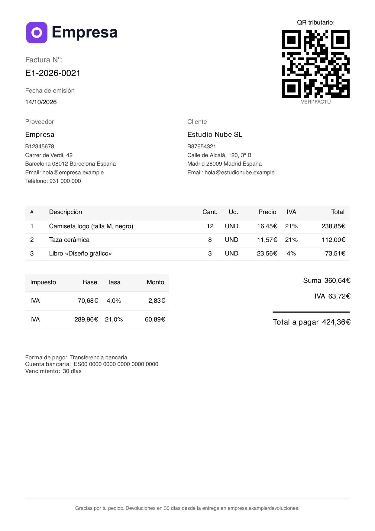 Factura en PDF con el logo de la empresa, los datos del cliente, el desglose de IVA y el QR de Verifactu.