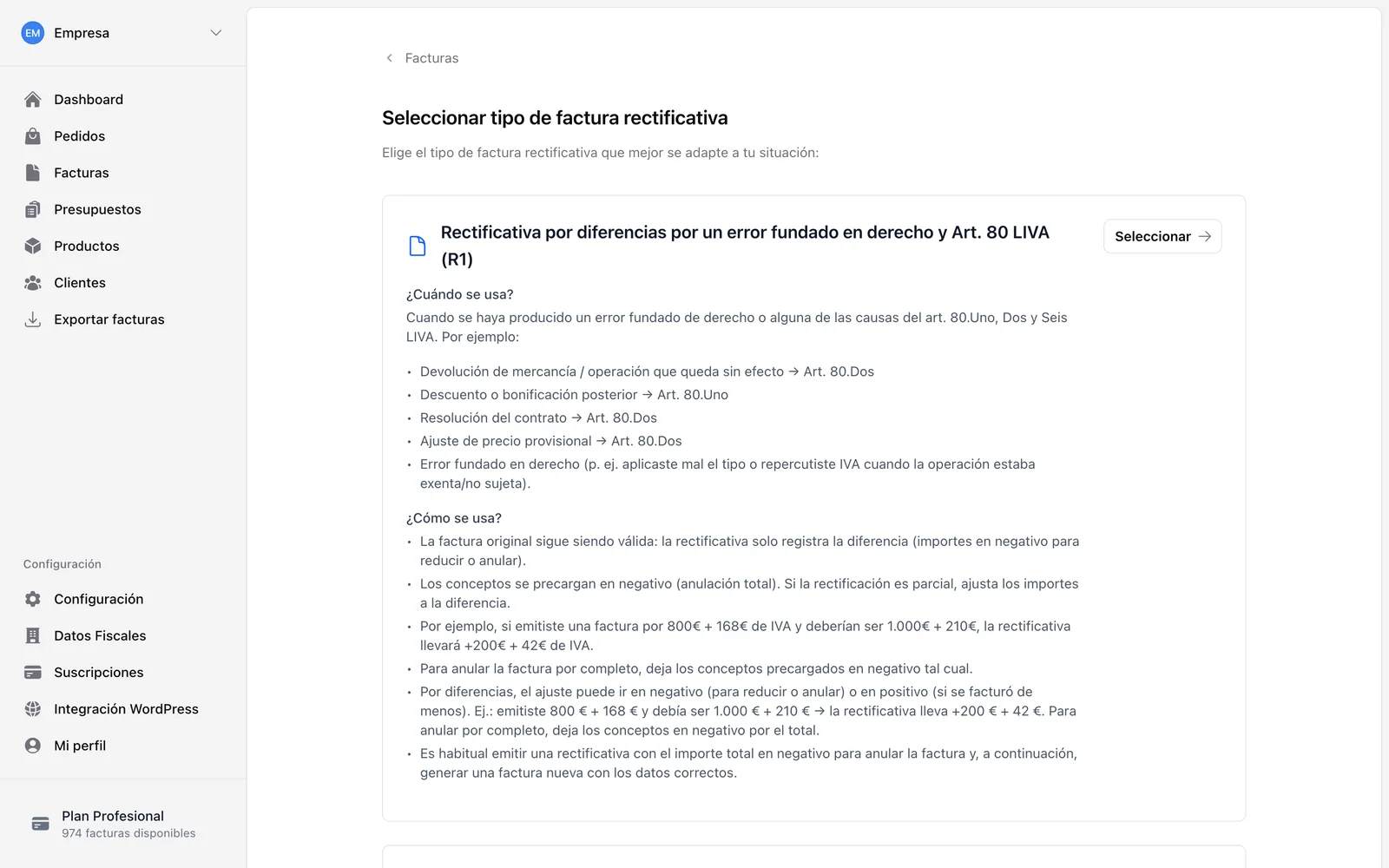 Selector del tipo de factura rectificativa, con cuándo se usa cada una y ejemplos.