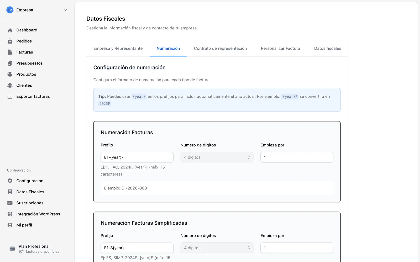 Numeración de las series de facturas y facturas simplificadas, con prefijo, dígitos y número inicial.