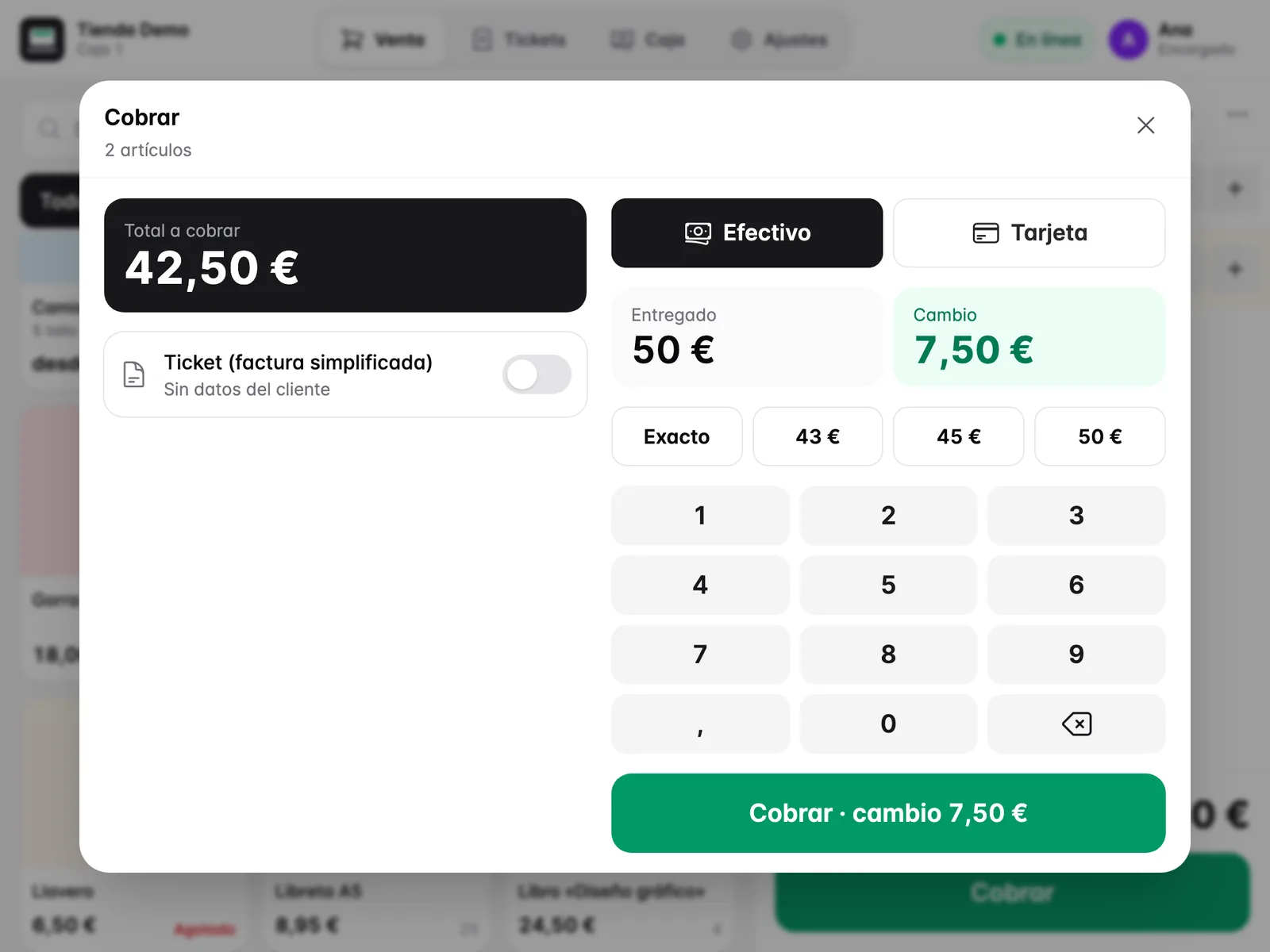 Cobro en efectivo con teclado numérico, importes sugeridos y el cambio.