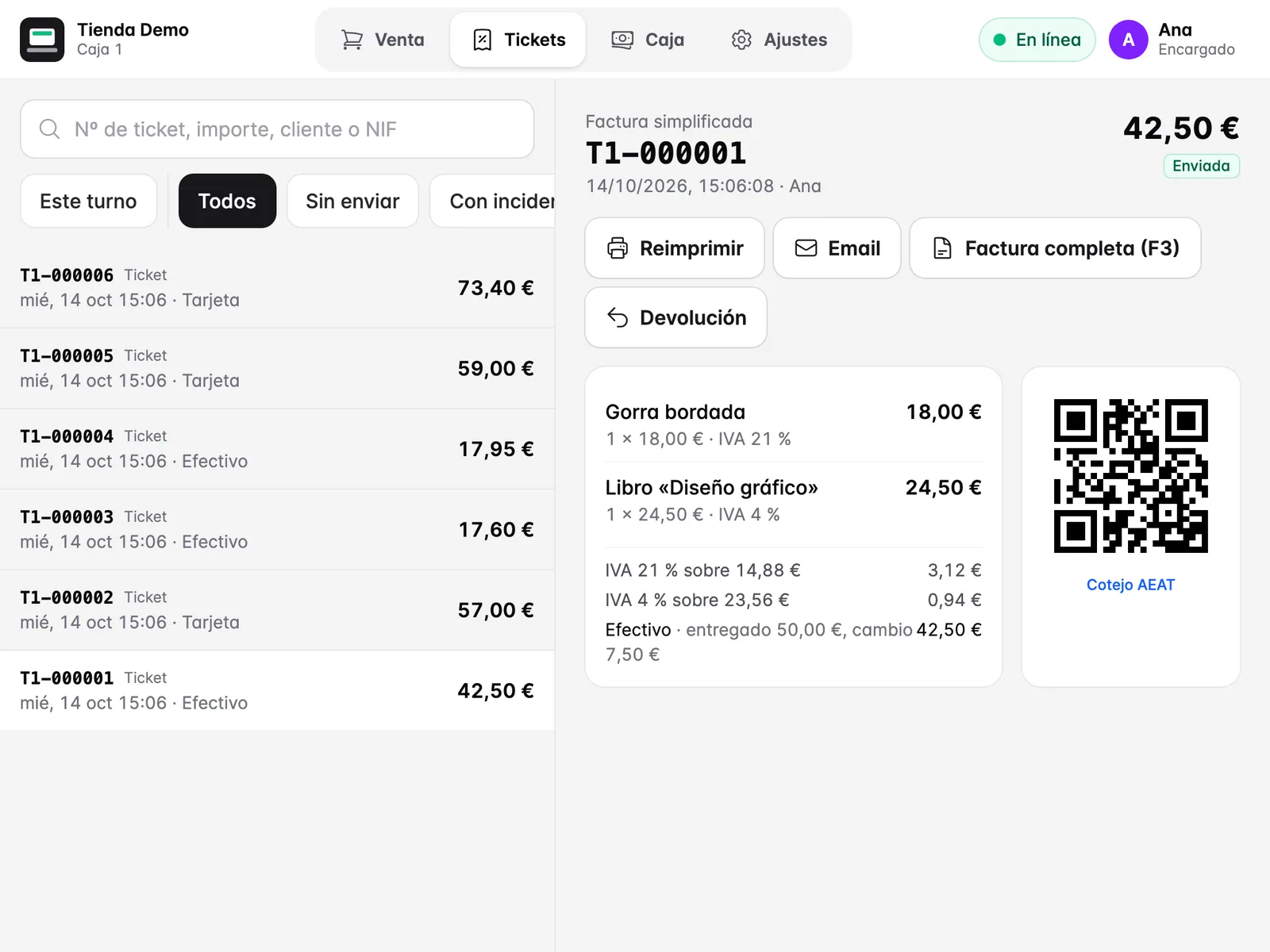 Historial de tickets con el detalle de una venta, su estado y el QR de cotejo.